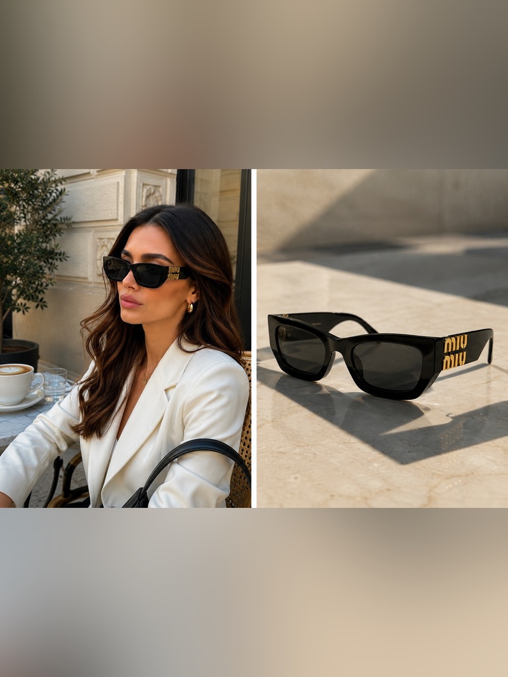 MIU MIU MU 09WS 1AB5S0 Cat Eye Rectangle Sunglasses Black Gold Gray New